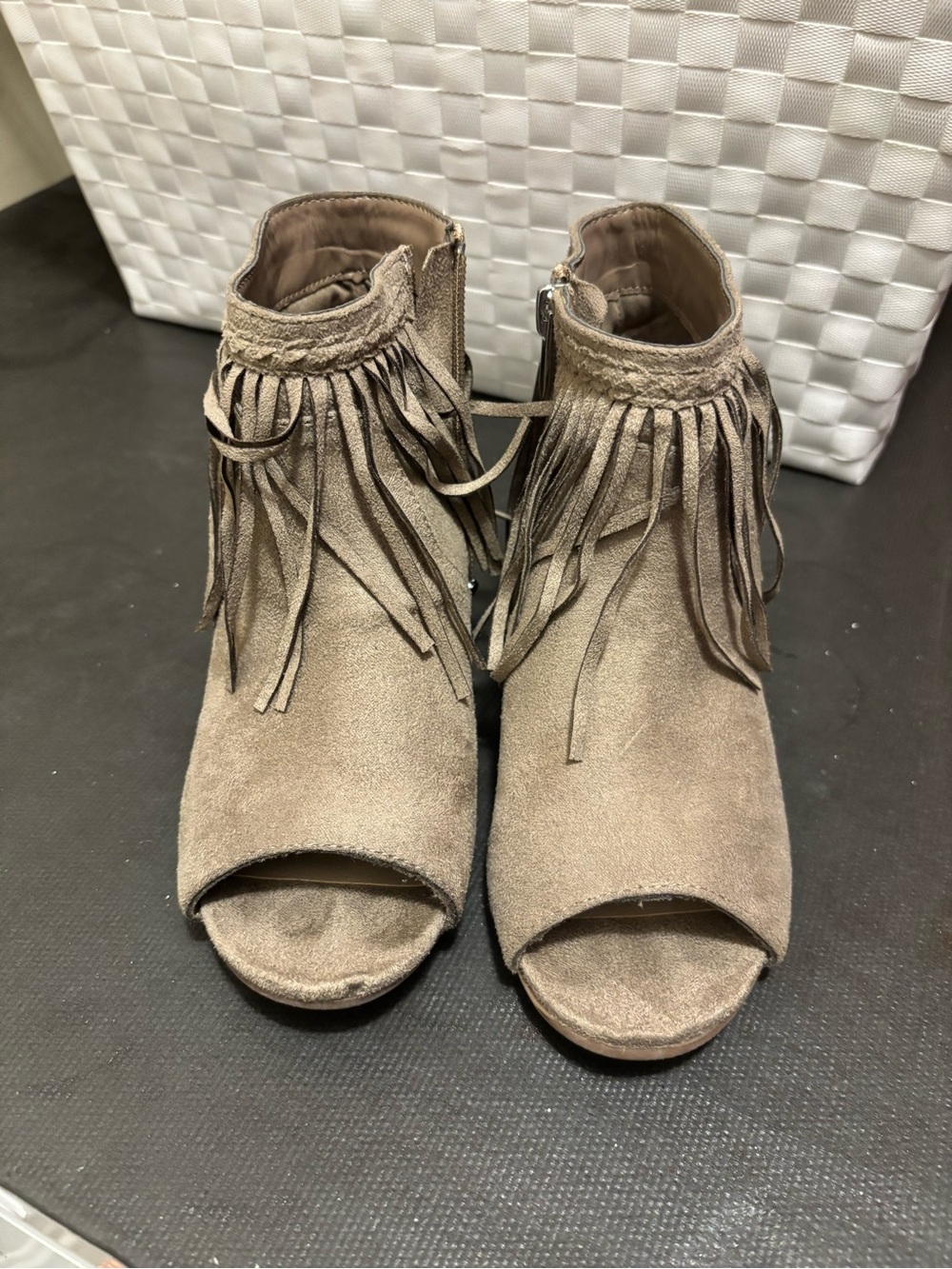 Sam Edelman Taupe Suede Fringe Peep-Toe Ankle Boots